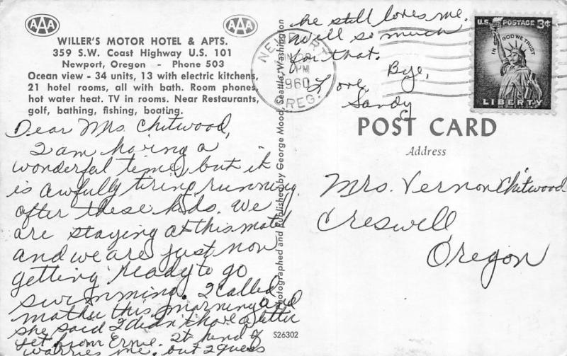 NEWPORT, OR Oregon  WILLER'S MOTOR HOTEL & APTS  Lincoln Co 1960 Chrome Postcard