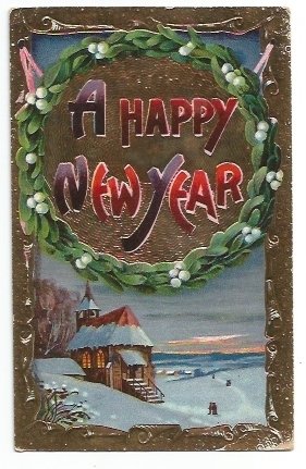 Antique Postcard Happy New Year Tranquil Winter Scene Country Church Snow