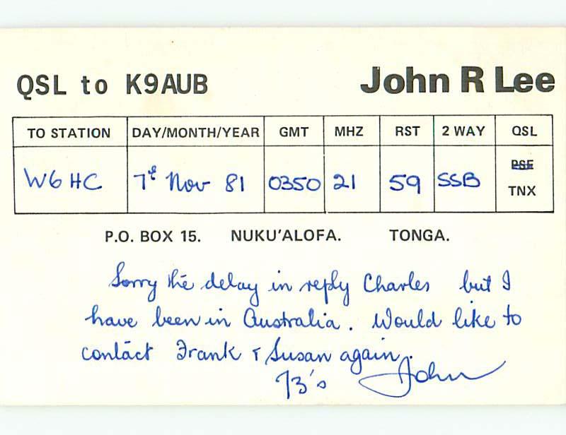 1981 vintage QSL CB HAM RADIO CARD Nuku'Alofa TONGA s0393