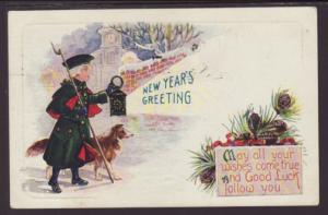 New Years Greeting,Colonial Man,Dog Postcard