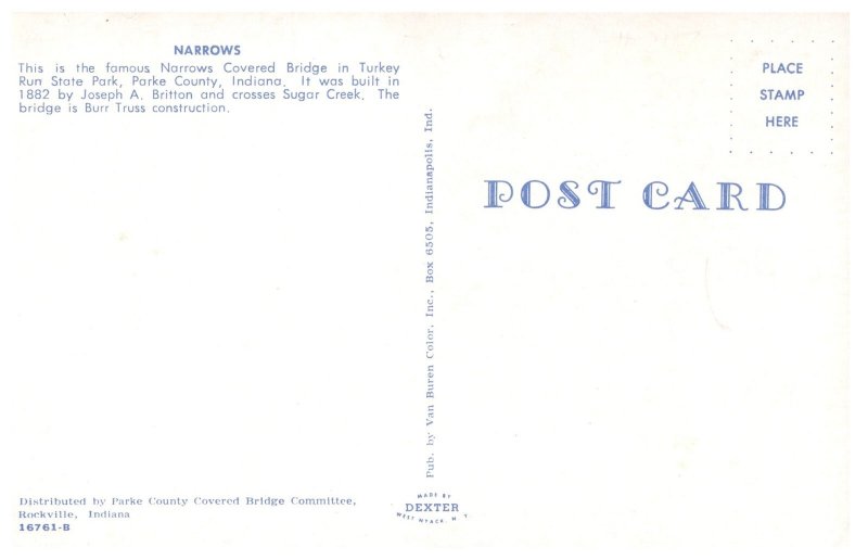 Narrows Covered Bridge Turkey Run State Park Indiana Vintage Postcard