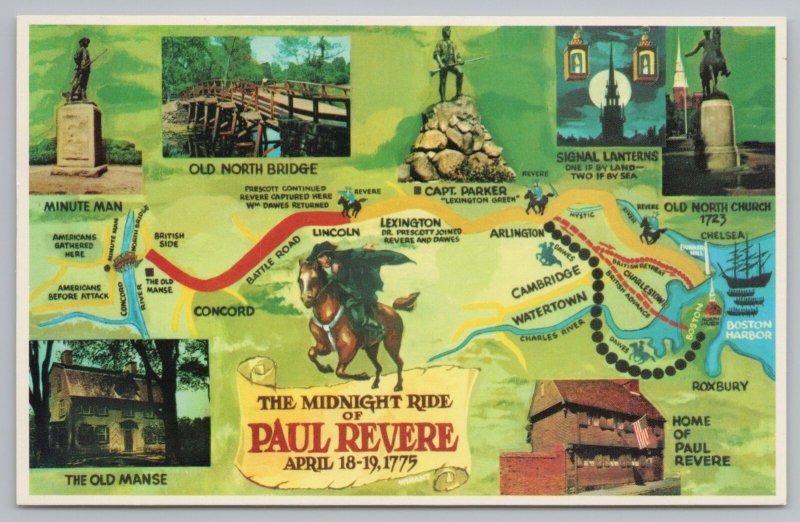 Massachusetts~Map of Midnight Ride of Paul Revere~Vintage Postcard