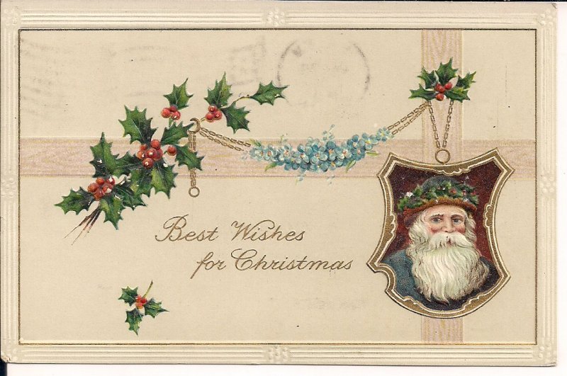 SANTA CLAUS w BLUE ROBE, Christmas, Winsch Xmas 1911 Art Nouveau Border Embossed