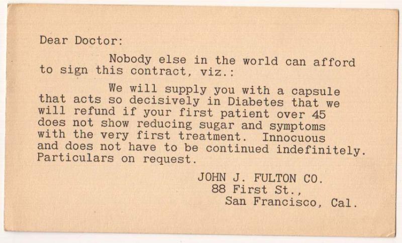 Diabetes, John J. Fulton Co. San Francisco CA