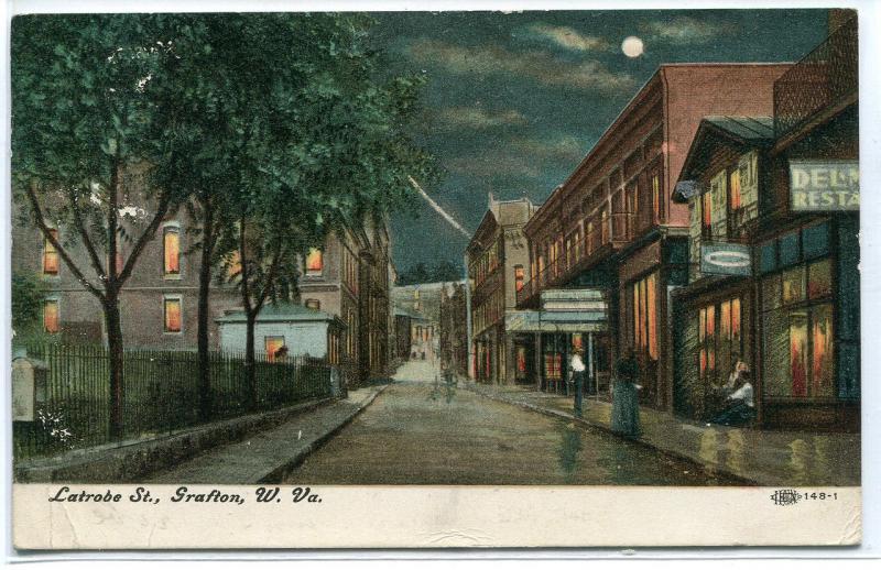 Latrobe Street Scene Night Grafton West Virginia 1908 postcard