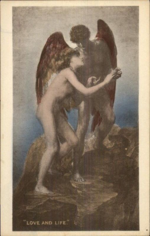 Nude Angel Man & Woman - LOVE & LIFE GF Watts c1910 Postcard