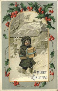 Christmas Little Boy Delivers Package Snowstorm Beautiful Art c1910 Postcard