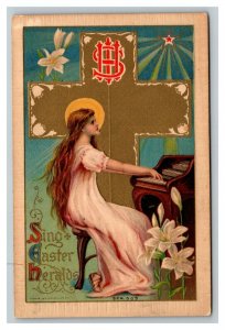 Vintage 1911 Easter Postcard Gold Cross Beautiful Woman Playing Church Organ