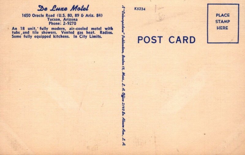 Postcard De Luxe Motel Tucson Arizona AZ