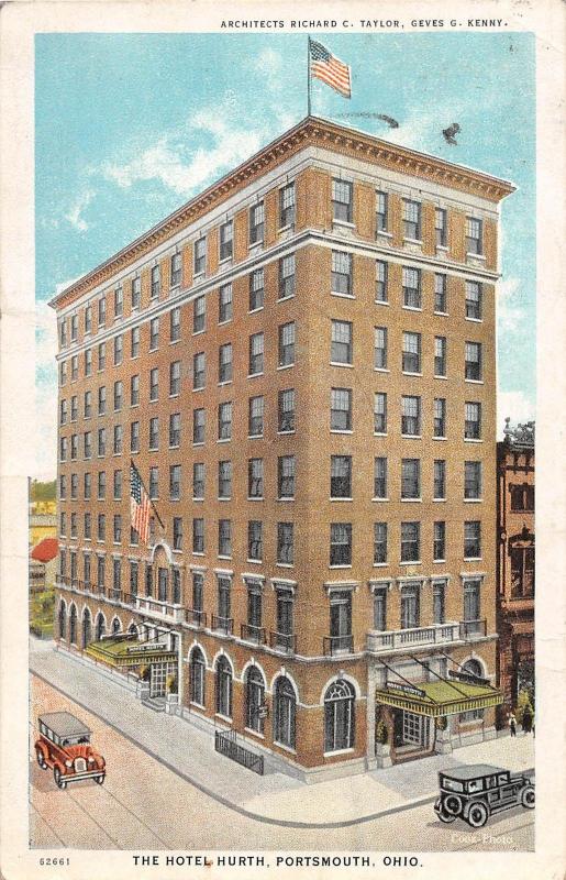 C70/ Portsmouth Ohio Postcard 1929 Hotel Hurth Autos Geves Architect Scioto Co 1