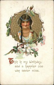 Birthday Native Americana American Indian Gilt Border c1910 Vintage Postcard