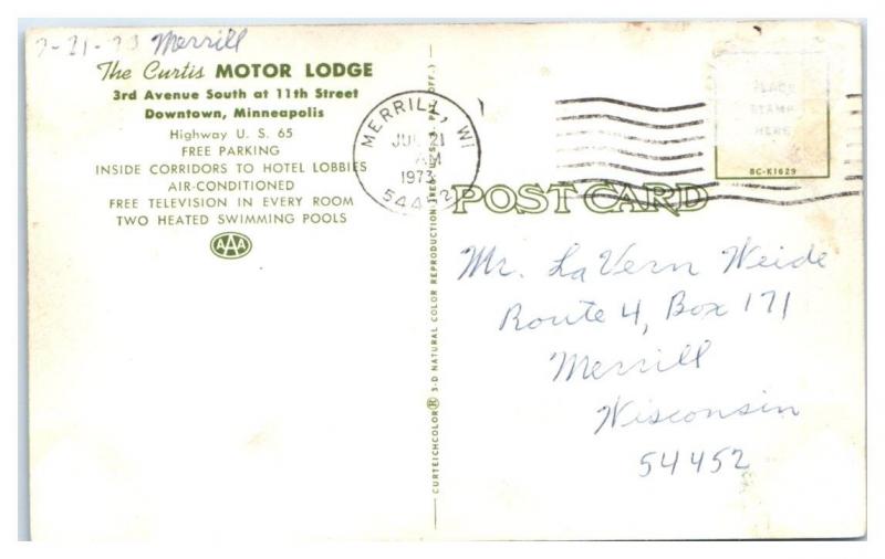 1973 The Curtis Motor Lodge, Minneapolis, MN Postcard