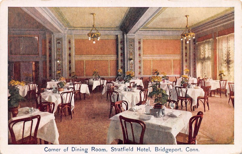 Corner of Dining Room, Stratfield Hotel, Bridgeport, CT., Early Postcard, Unused