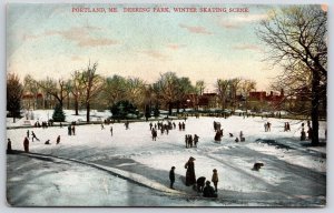 Portland Maine ME Deering Park Winter Skating Scene Antique Photo Postcard