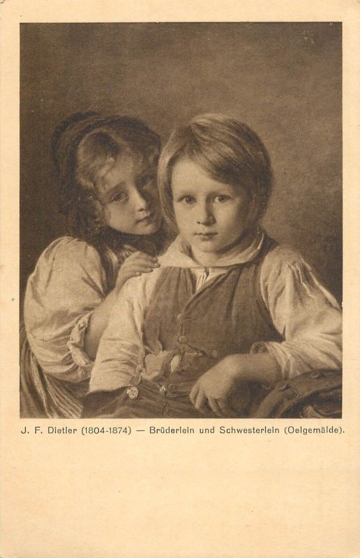 Fine art vintage postcard J.F. Dietler Oelgemalde Bruderlein und Schwesterlein