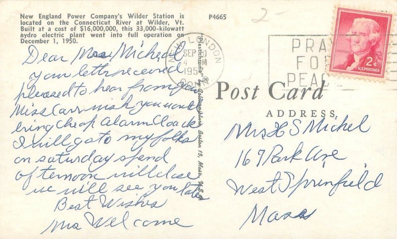 Wilder Vermont New England Power Company's Wilder Station 1952 Postcard Used
