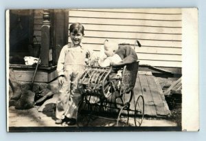 C.1910 RPPC Adorable Boy & Baby Buggy Kidd Family Centralia, IL. Postcard P165 