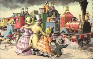 Mainzer Cats as People Fantasy No. 4926 Railroad Train Station Vintage Postcard