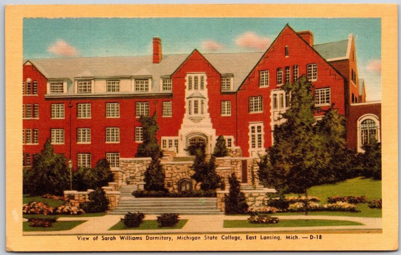 Sarah Williams Dormitory Michigan State College East Lansing Michigan Postcard