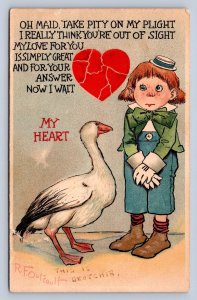 J93/ Valentine's Day Love Holiday Postcard c1910 Goose Child 504