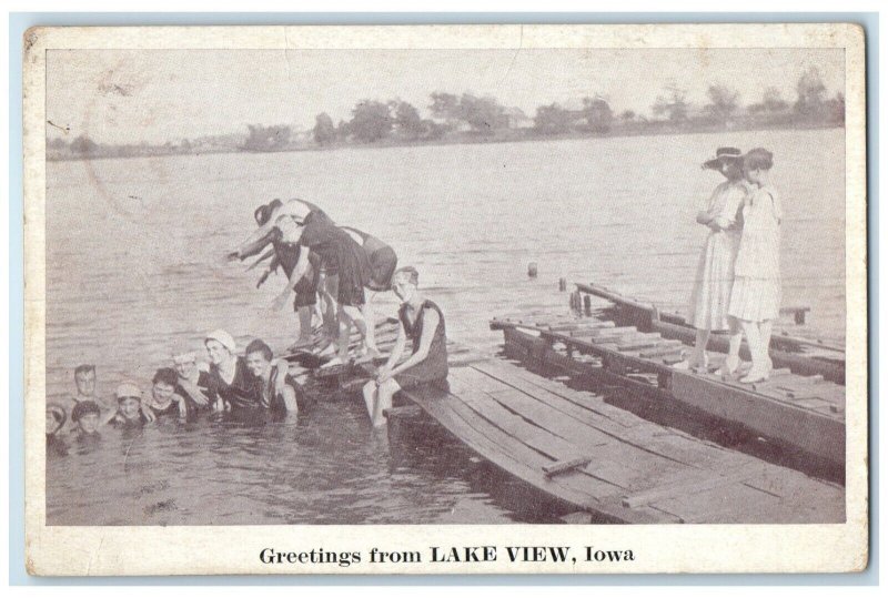 1932 Greetings From Dock Port Swimming Lake View Iowa Vintage Antique Postcard