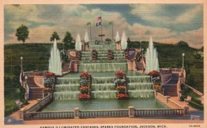 Vintage Postcard Famous Illuminated Cascades Sparks Foundation Jackson Michigan