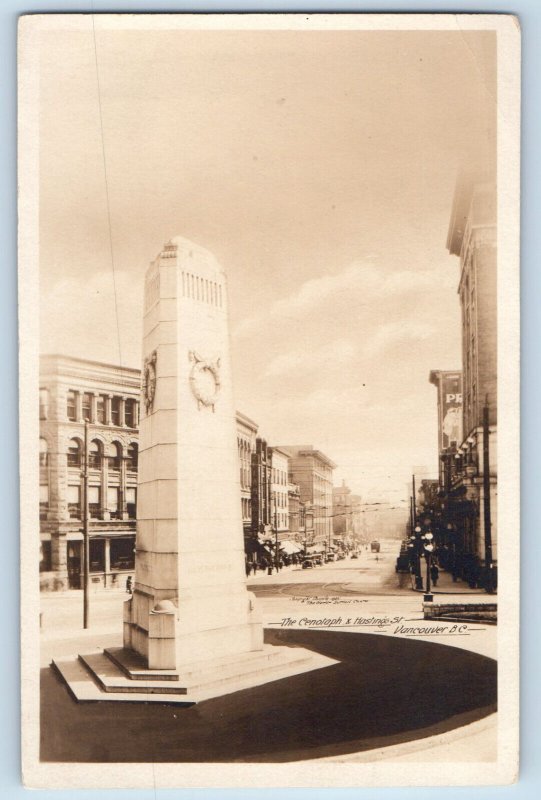 Vancouver BC Canada Postcard Cenotaph Hastings Streets c1940's RPPC Photo
