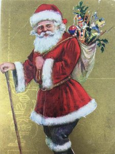 Old World Santa Claus Walking Stick Christmas Postcard Gold Merrie