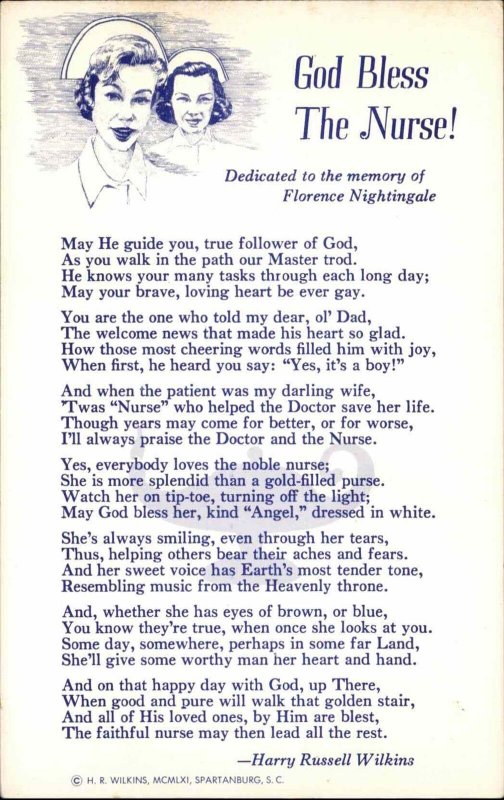 God Bless the Nurse Nursing Wilkins Poem Florence Nightingale Vintage PC