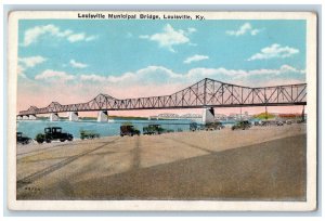 View Of Louisville Municipal Bridge Cars Scene Kentucky KY Vintage Postcard