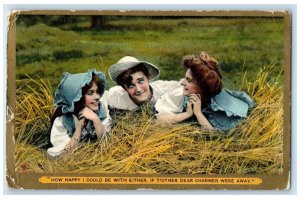 1909 Girls And Boy Scene Farm Field Linwood RPO Posted Antique Postcard