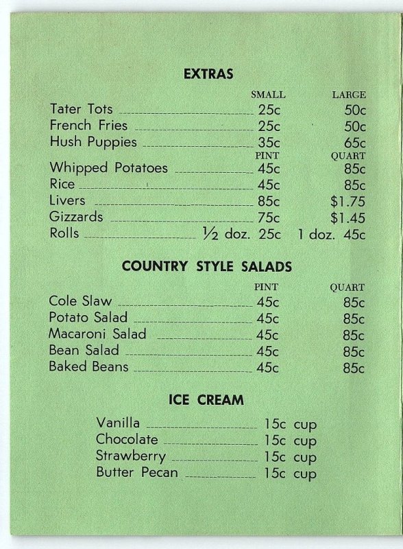 1960s MORGANTON NC HOLIDAY FRIED CHICKEN EAST UNION ST DAILY MENU Z4660