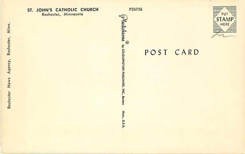 St. Johns Catholic Church Rochester Minnesota MN Postcard
