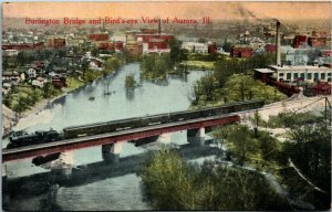 Postcard IL Aurora Aerial View Train on Burlington Bridge Fox River ~1910 M53