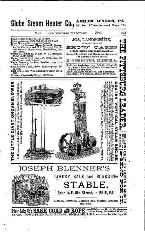 1887 THE LITTLE GIANT ORGAN BLOWER COATES VERTICAL STEM ENGINE  ERIE PA