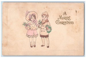 1914 Christmas Boy Girl Handwarmer Holly Berries Chicago IL Antique Postcard 