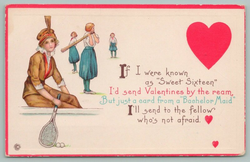 Valentine's Day~Sports Minded Lady Considers Sending Card~Racket~Balls~Stetcher 