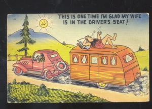 VINTAGE CAR TOWING CAMPER WOMAN DRIVING VINTAGE COMIC POSTCARD CAMPING