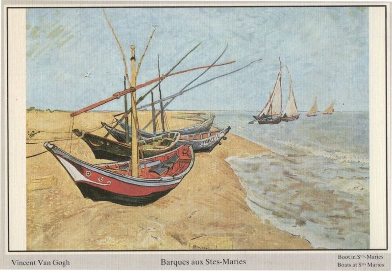 Van Gogh Barques Boat Aux Stes Maries Real Linen Painting Postcard