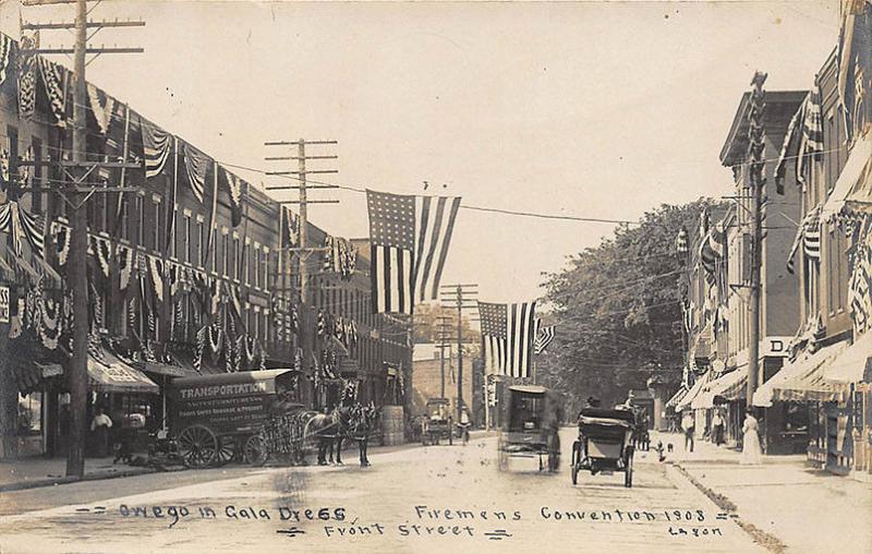 Owego NY Street View Store Fronts Moving Horse & Wagon Firemen  RPPC Postcard