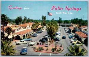 Palm Springs California 1961 Postcard Aerial View Shopping Plaza Cars