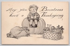 Thanksgiving Child On Pumpkin Dead Turkey Schlesinger Bros Postcard V22