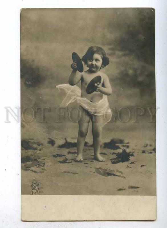 187098 NUDE Kid Child  Musician Cymbal Vintage PHOTO PC