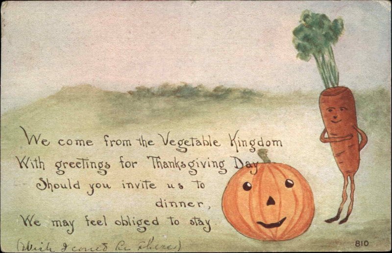 Thanksgiving Fantasy Pumpkin and Carrot Vegetable Person People c1910 Postcard