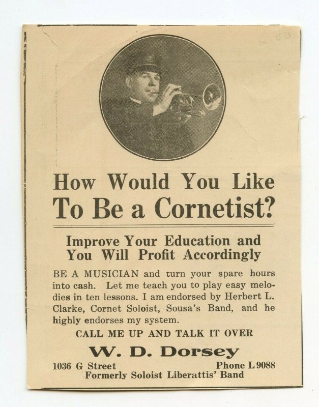 Like To Be A Cornetist? W. D. Dorsey Vintage Paper Advertisement 