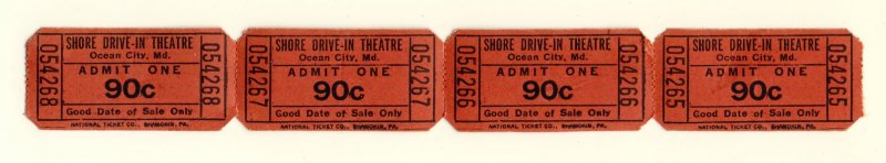 4 Vintage Shore Drive-In Theatre .90¢ Tickets, Ocean City, Maryland/MD, 1960...