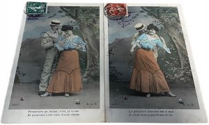 Set 2 vintage postcards romantic tennis lovers couple love idyll 