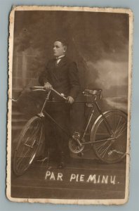 YOUNG MAN w/ BICYCLE VINTAGE REAL PHOTO POSTCARD RPPC