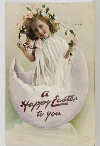 Easter Greetings Darling Girl in Large Egg Tuck 1909 Lynn Mass  Postcard Q5