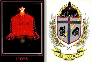 2~4X6 Postcards LYONS, KS Kansas CHRISTMAS BELL~WATER TOWER~NIGHT & Rice Co Logo